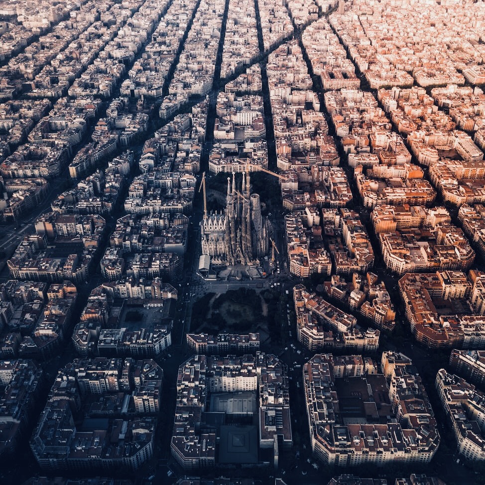 Aerial view of Barcelona Spain with the Sagrada Familia and city skyline